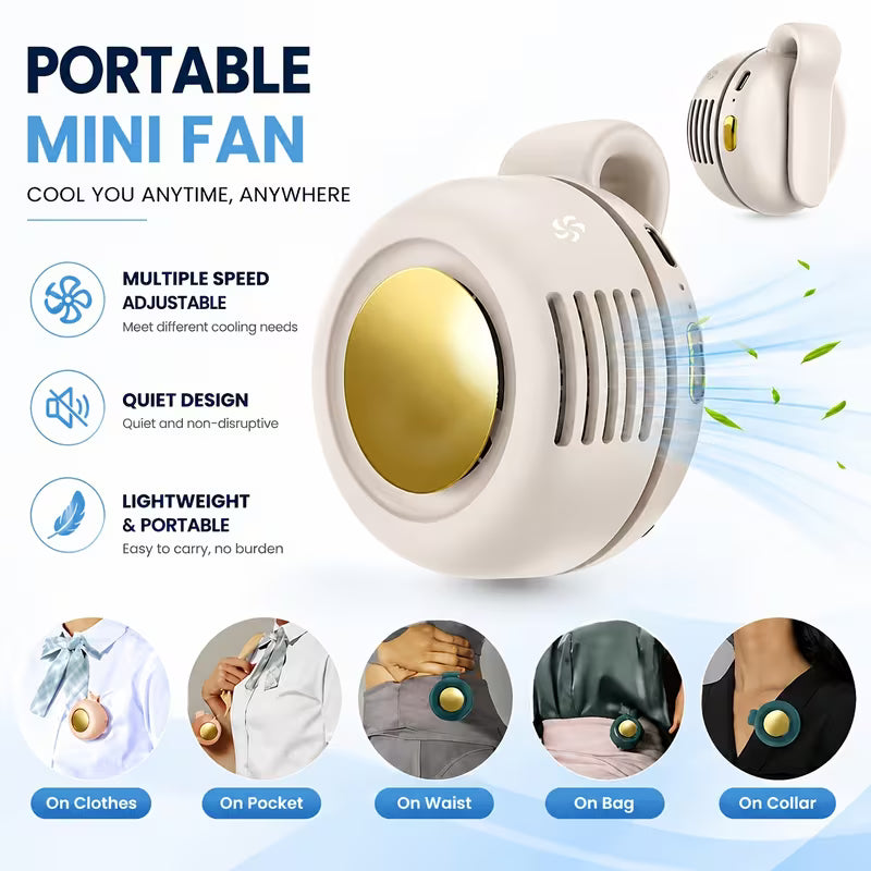 This portable, silent, bladeless mini fan can be clipped to a shirt or waistband. Compact and portable, it features three adjustable wind speeds, making it ideal for outdoor activities, travel, and the office.🌴