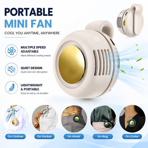 This portable, silent, bladeless mini fan can be clipped to a shirt or waistband. Compact and portable, it features three adjustable wind speeds, making it ideal for outdoor activities, travel, and the office.🌴