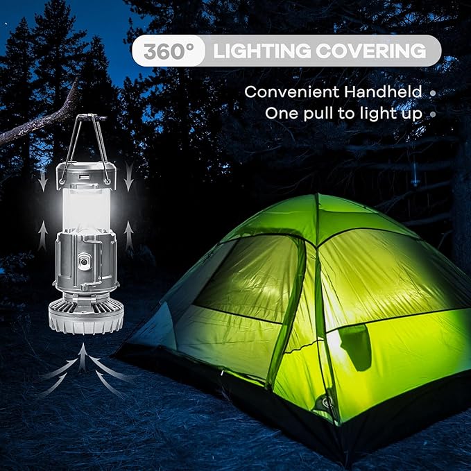 Portable LED Camping Light with Fan, Solar Charging,Essential items for camping and night fishing