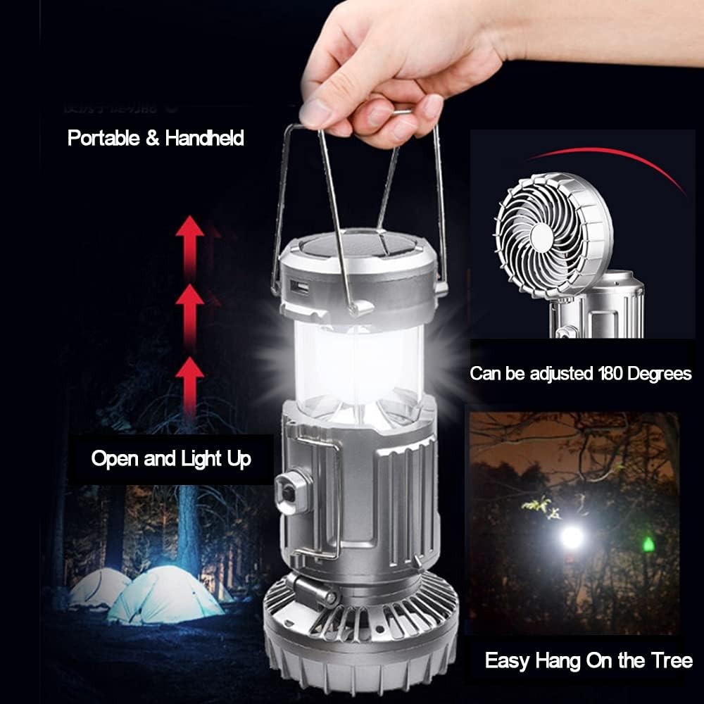 Portable LED Camping Light with Fan, Solar Charging,Essential items for camping and night fishing