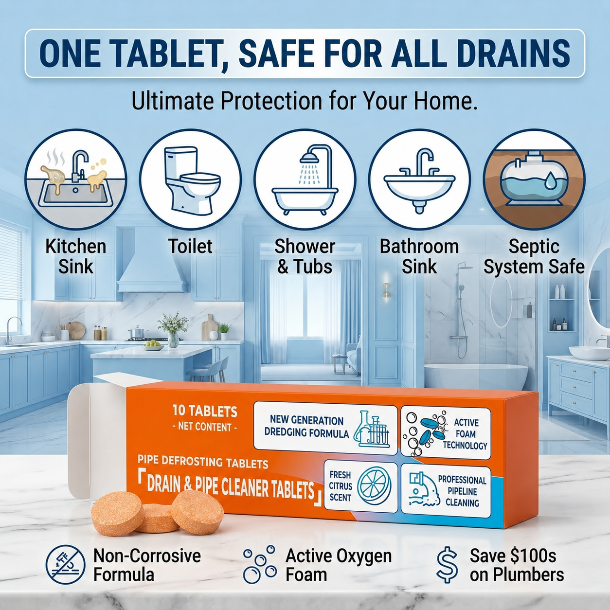 💥Foaming Drain Cleaner Tablets — Active Oxygen, Non-Toxic | Unclogs & Freshens Every Drain in Your Home