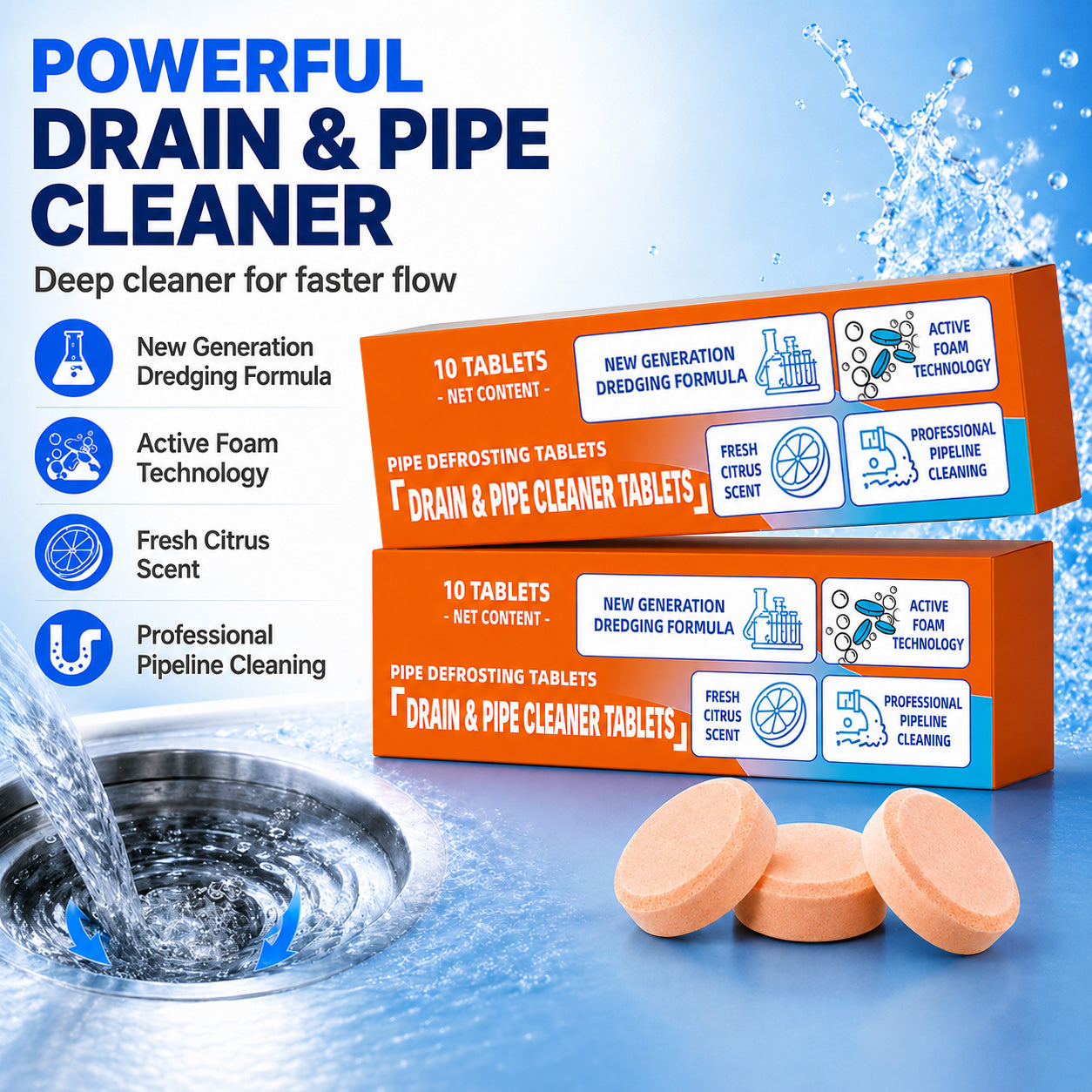 💥Foaming Drain Cleaner Tablets — Active Oxygen, Non-Toxic | Unclogs & Freshens Every Drain in Your Home
