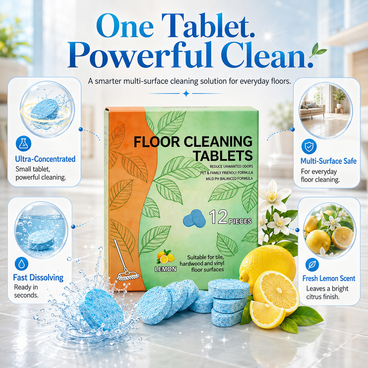 Efficient Floor Cleaning Tablets-Multi-Surface Solution (Lemon Scent)