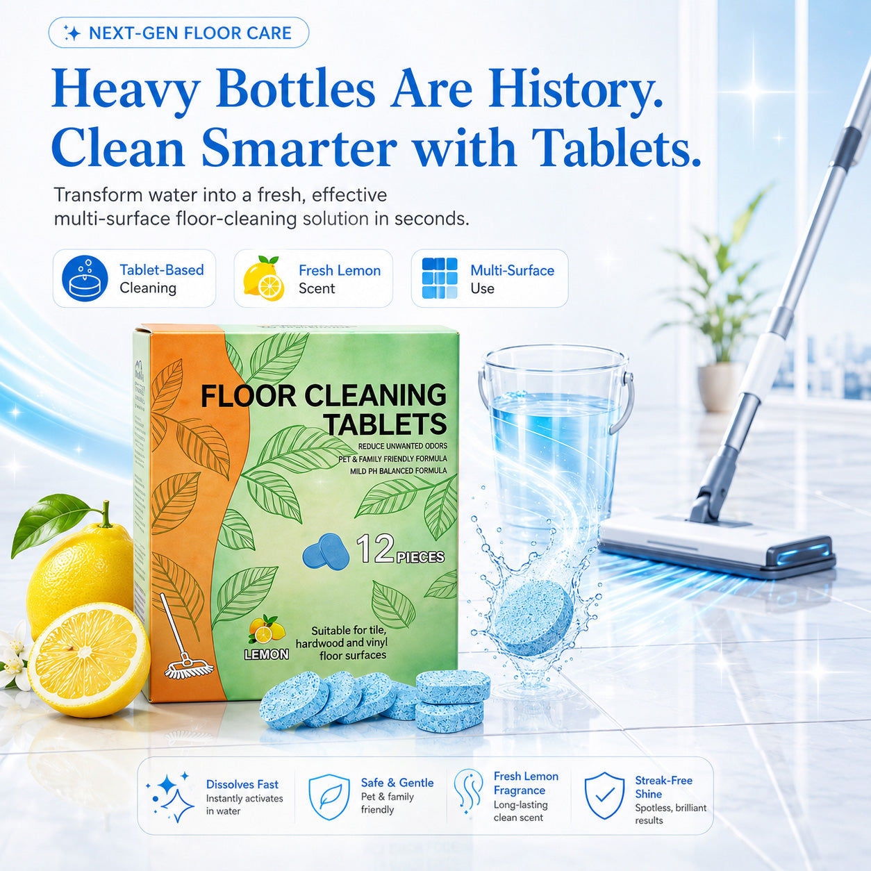 Efficient Floor Cleaning Tablets-Multi-Surface Solution (Lemon Scent)