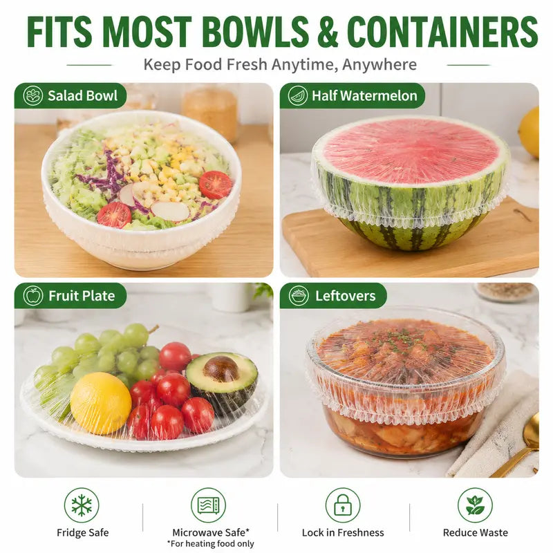 🔥100PCS Disposable Stretch Food Covers, Elastic Kitchen Bowl & Plate Lids, Plastic Wrap Alternative for Food Storage & Leftovers Preservation