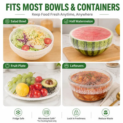 🔥100PCS Disposable Stretch Food Covers, Elastic Kitchen Bowl & Plate Lids, Plastic Wrap Alternative for Food Storage & Leftovers Preservation