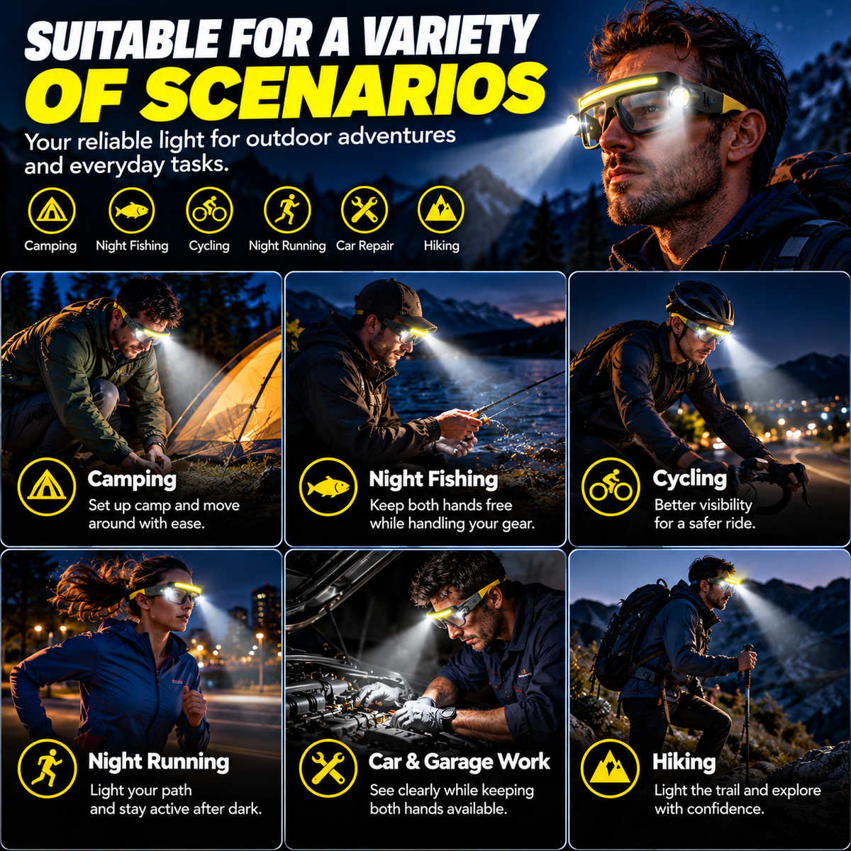 ⚡ Hands-Free LED Glasses Light — Wave Sensor, 40 COB + Dual Spotlights, Type-C Rechargeable