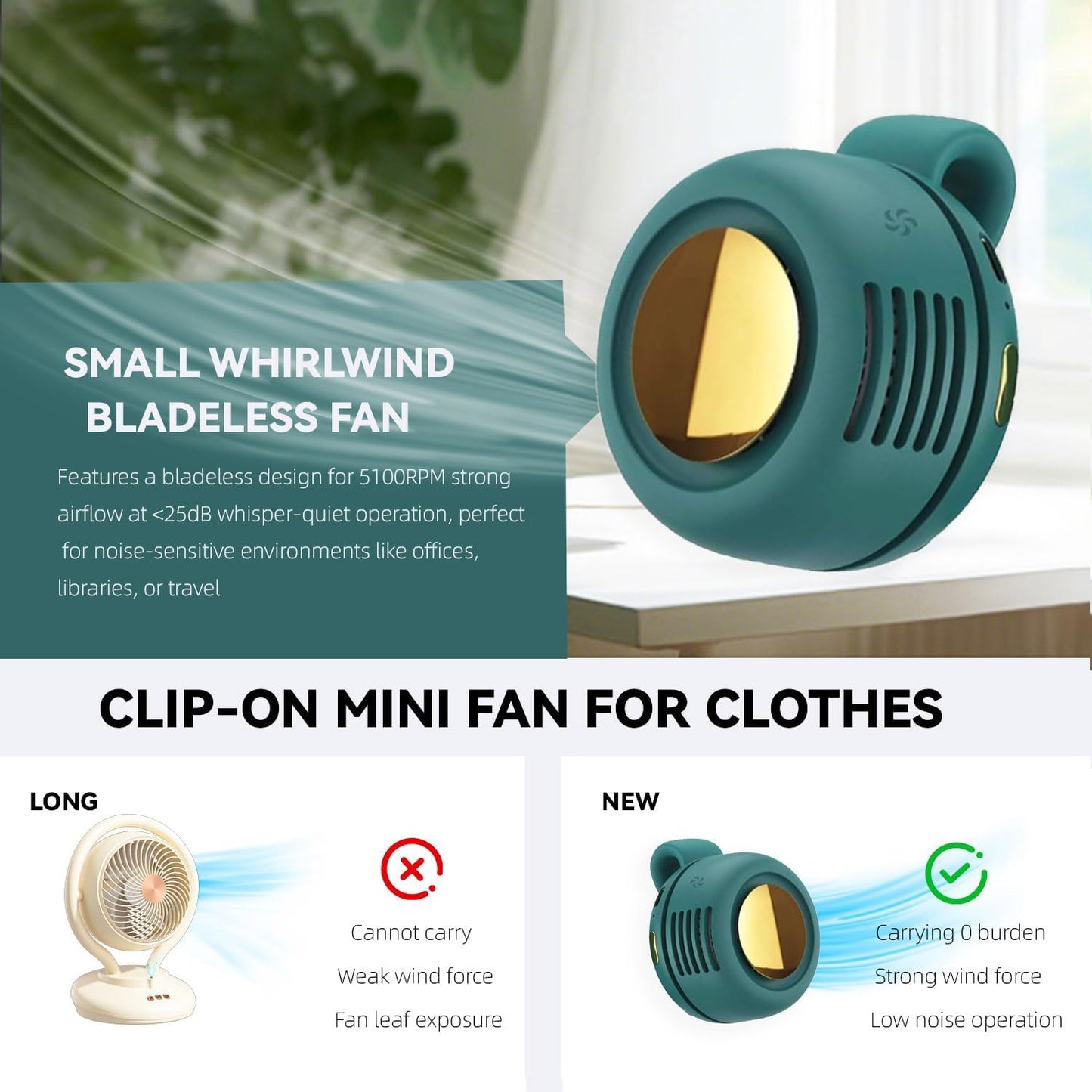 This portable, silent, bladeless mini fan can be clipped to a shirt or waistband. Compact and portable, it features three adjustable wind speeds, making it ideal for outdoor activities, travel, and the office.🌴