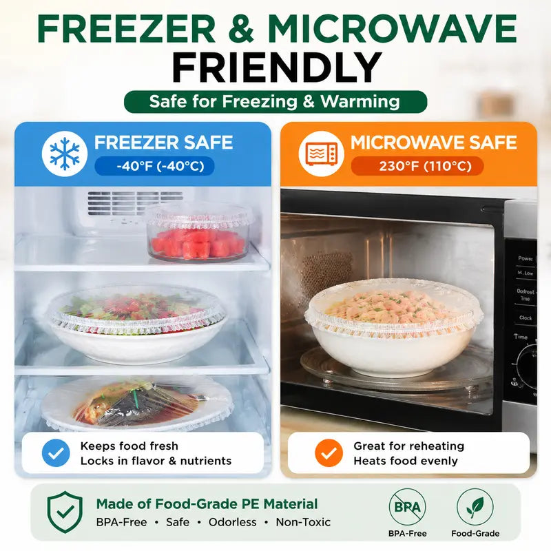 🔥100PCS Disposable Stretch Food Covers, Elastic Kitchen Bowl & Plate Lids, Plastic Wrap Alternative for Food Storage & Leftovers Preservation