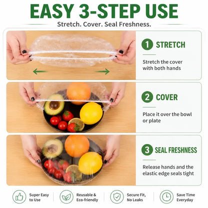 🔥100PCS Disposable Stretch Food Covers, Elastic Kitchen Bowl & Plate Lids, Plastic Wrap Alternative for Food Storage & Leftovers Preservation