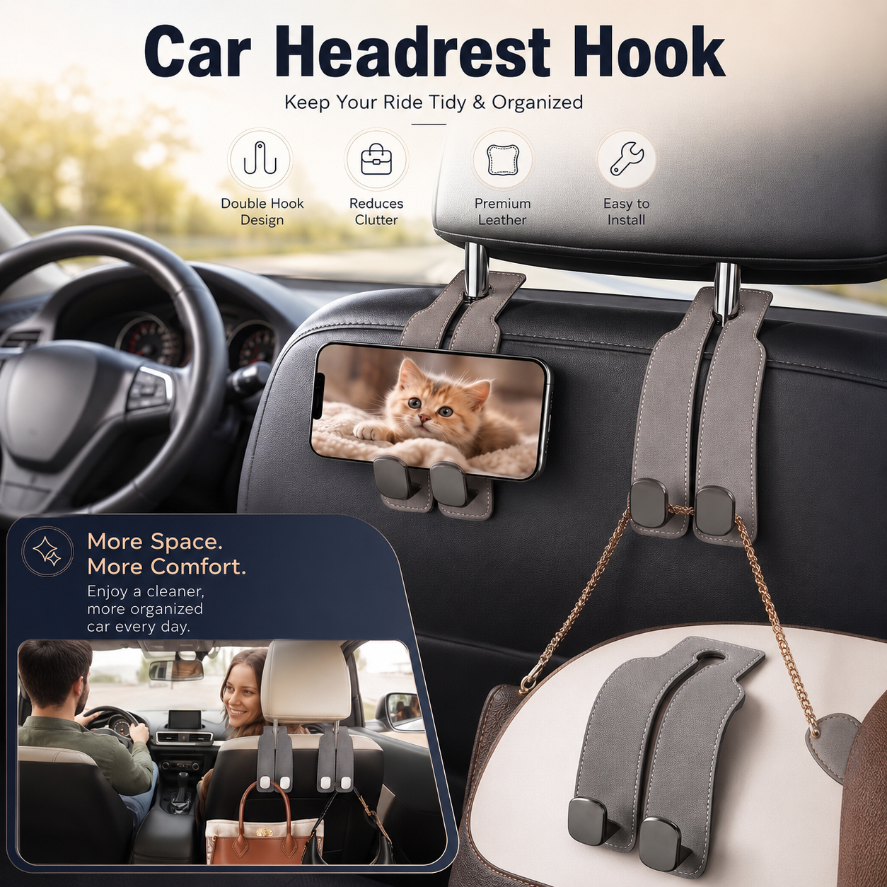 Car seat headrest hooks, car interior accessories, suitable for handbags, wallets, coats, car storage products