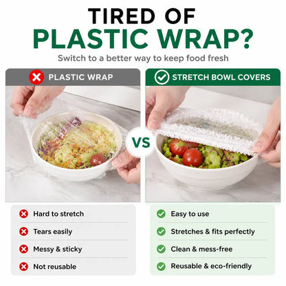 🔥100PCS Disposable Stretch Food Covers, Elastic Kitchen Bowl & Plate Lids, Plastic Wrap Alternative for Food Storage & Leftovers Preservation