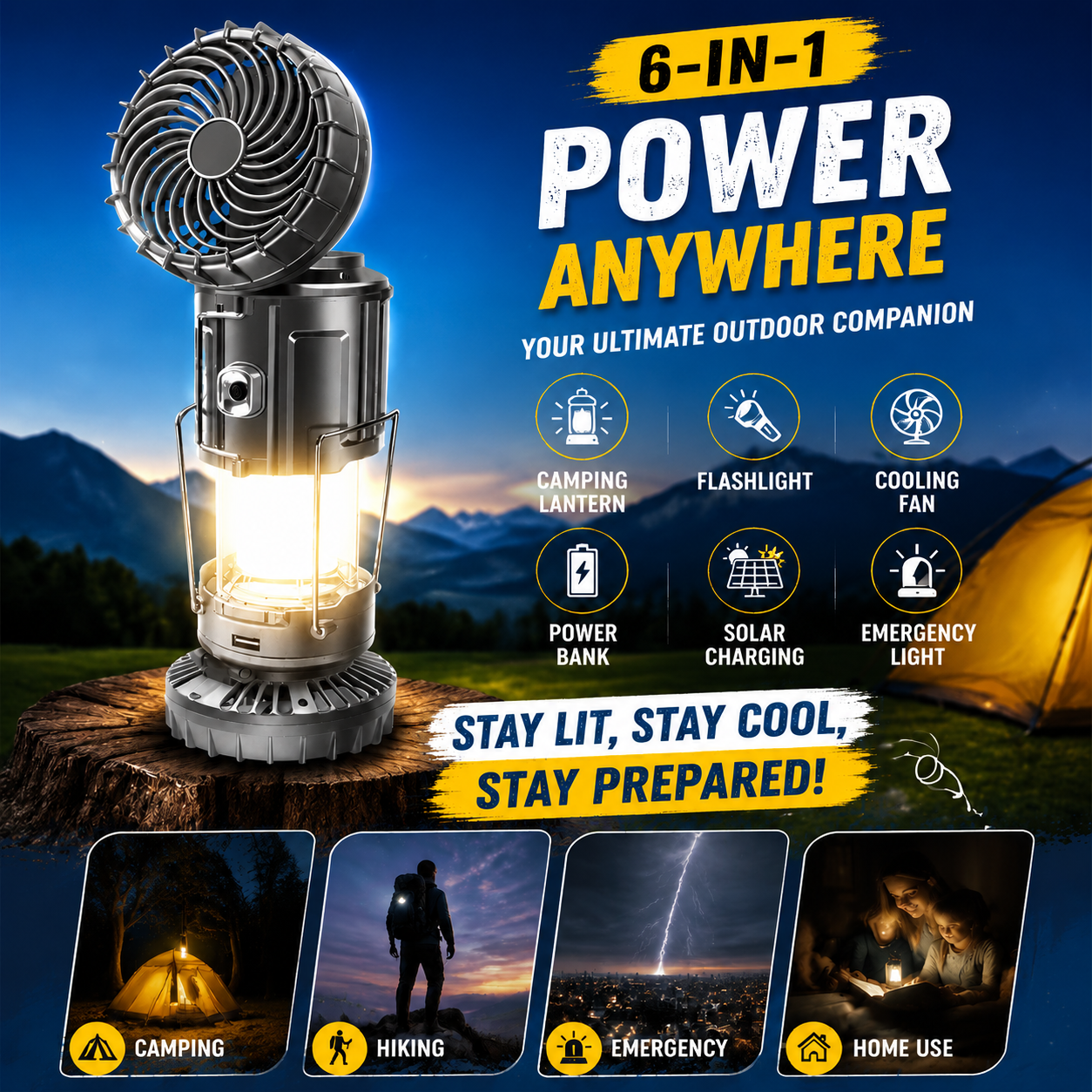 Portable LED Camping Light with Fan, Solar Charging,Essential items for camping and night fishing