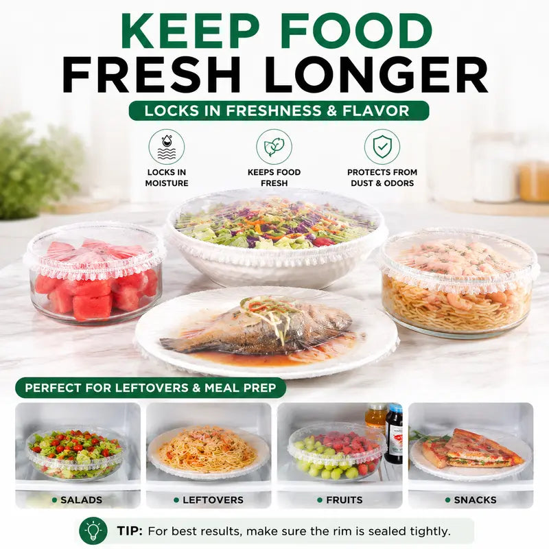 🔥100PCS Disposable Stretch Food Covers, Elastic Kitchen Bowl & Plate Lids, Plastic Wrap Alternative for Food Storage & Leftovers Preservation